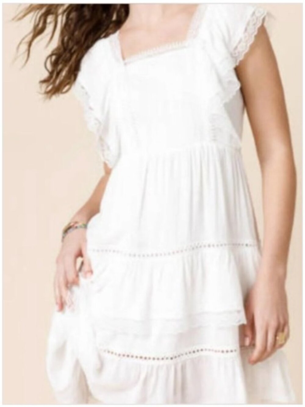 Jun & Ivy White Boho Lace Tiered Dress  Midi Open Back Tie Rayon XL